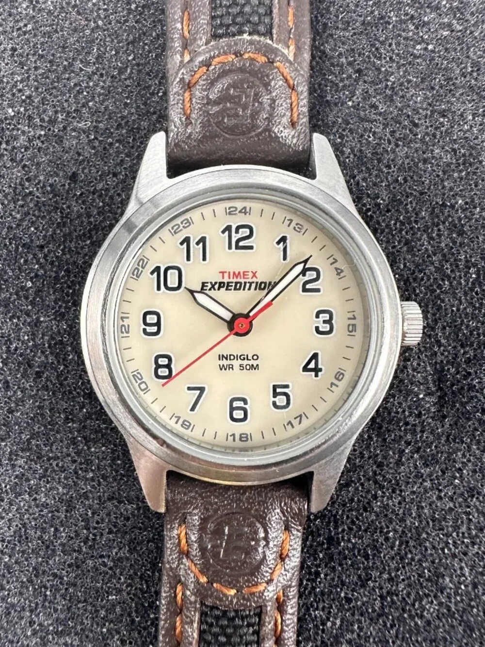 Timex Expedition Field Mini Watch Women Silver Tone Leather Band New Battery